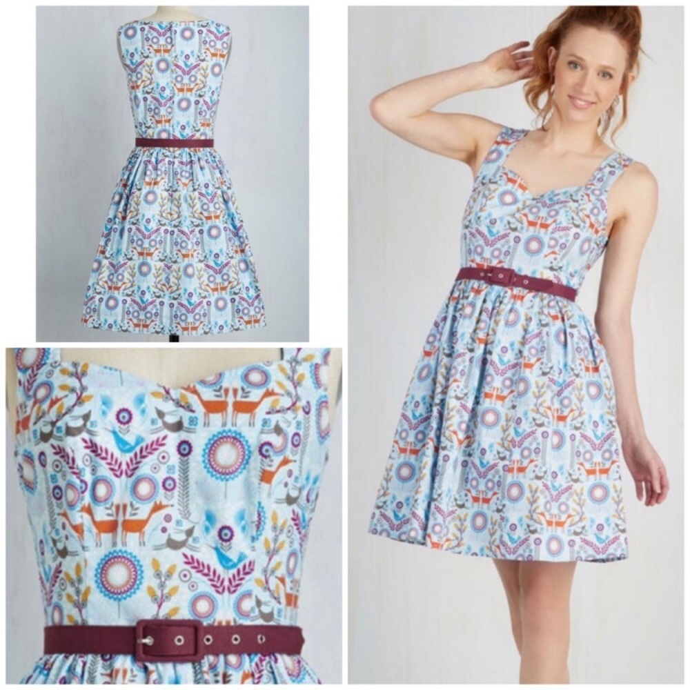 ❤️ModCloth Woodland Animal Print Dress Pockets Hand In Craft XS